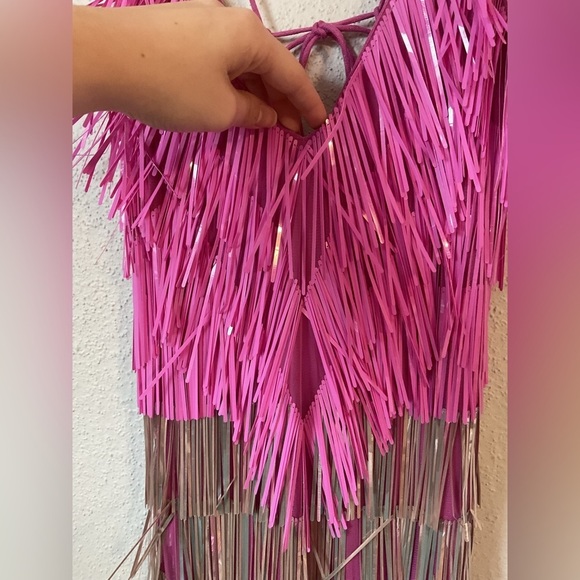 ASOS Design Cami Mini Dress with Embellished Tassels in Pink and Silver Size 0 - Picture 7 of 14